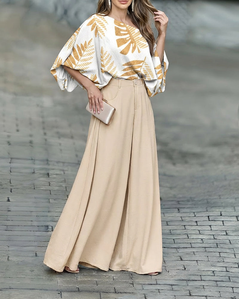 2 Pieces Outfit Tropical Leaves Print Skew Neck Batwing Sleeve Stretchy Hem Top and Zipper Fly Elastic Back Waist Wide Leg Pants Set Casual Loose Fit Set