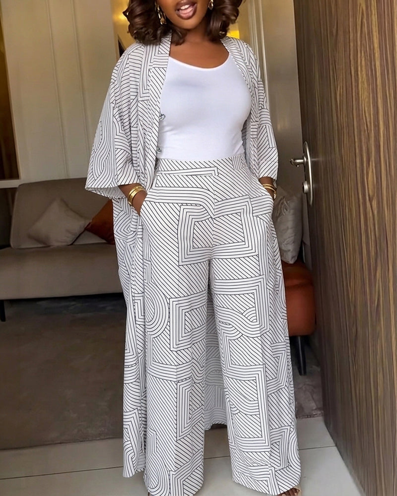 Women's Geometric Print 2 Piece Outfits Batwing Sleeve Loose Longline Cardigan and High Waisted Wide Leg Pants Set