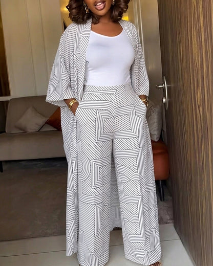 Women's Geometric Print 2 Piece Outfits Batwing Sleeve Loose Longline Cardigan and High Waisted Wide Leg Pants Set