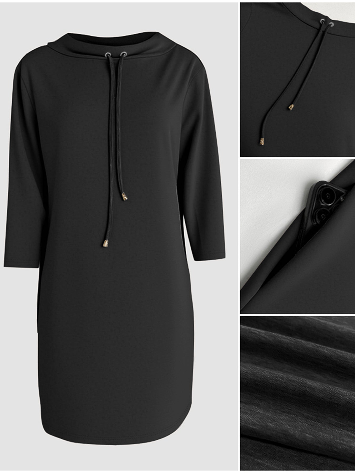 Stand Collar Drawstring Three Quarters Sleeve Casual Sweatshirt Dress