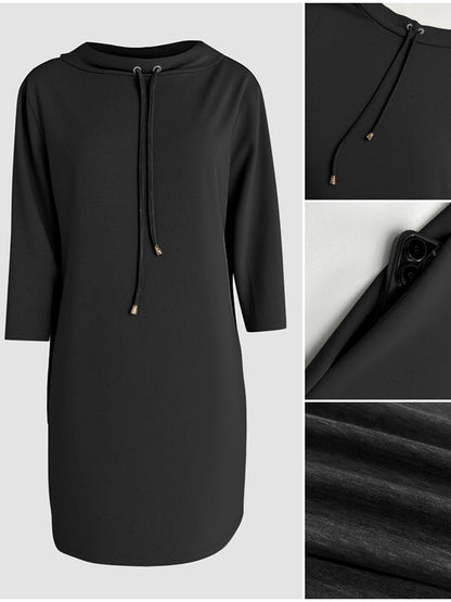 Stand Collar Drawstring Three Quarters Sleeve Casual Sweatshirt Dress