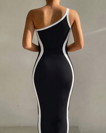 Women's One Shoulder Contrast Midi Bodycon Dress Beach Vacation Dress