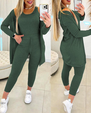 Conjunto cómodo de 3 piezas: top de tirantes sin mangas y cuello redondo, abrigo de manga larga abierto por delante y pantalones deportivos
