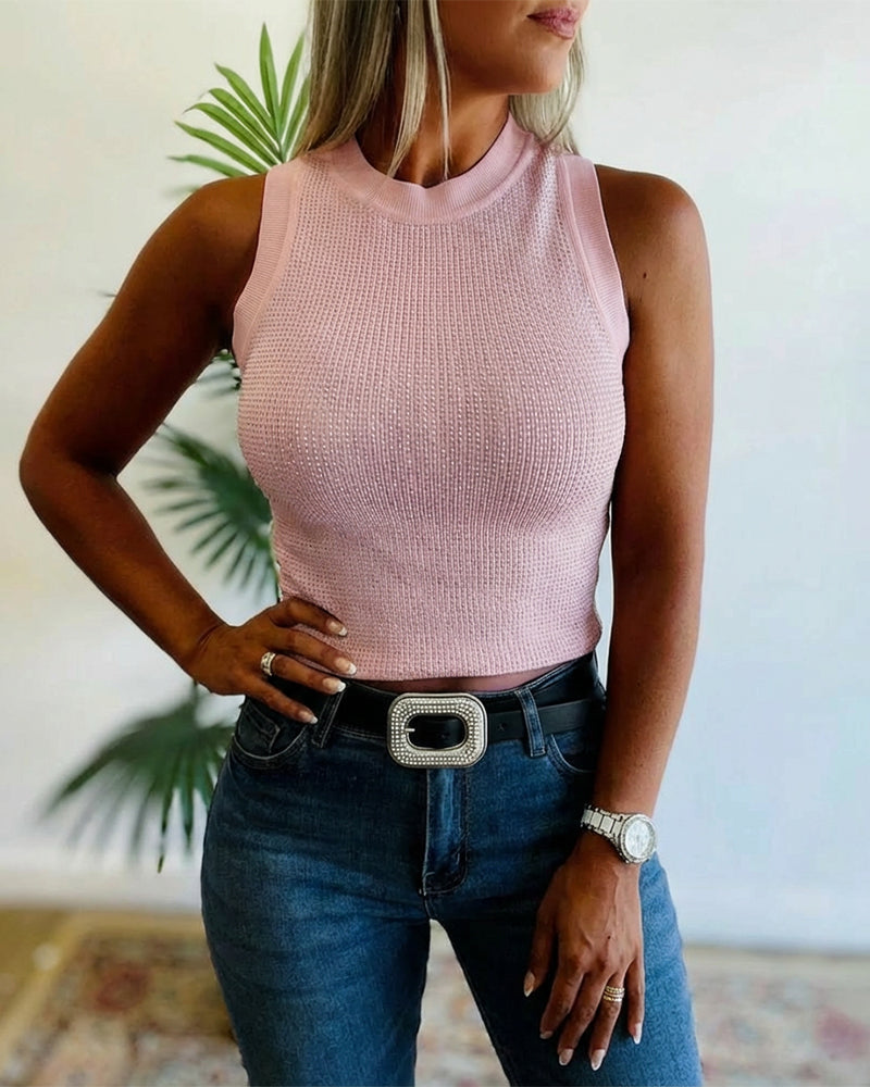 Rhinestone Decor O-neck Sleeveless Knit Tee Slim Fit Tank Top