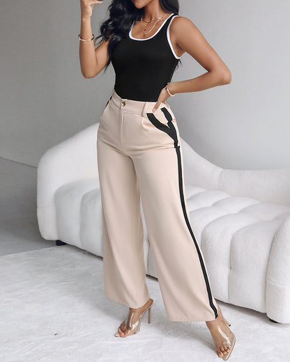 2 Piece Contrast Binding Sleeveless Slim Fit Tank Top and Striped Pants Sets Tracksuits Match Sets