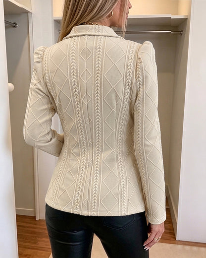Women's Elegant Argyle Textured Blazer Slim Fit Puff Sleeve Suit Jacket Gold Button Work Office Commuter Blazer with Pockets