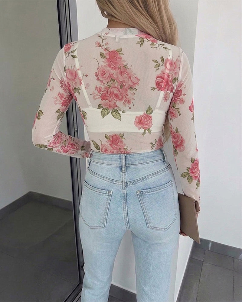 Women's Floral Mesh Long Sleeve Top Sheer O-Neck Slim Fit Blouse for Casual Streetwear & Layering