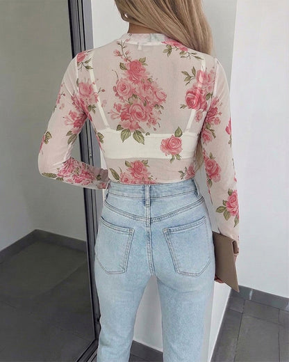 Women's Floral Mesh Long Sleeve Top Sheer O-Neck Slim Fit Blouse for Casual Streetwear & Layering