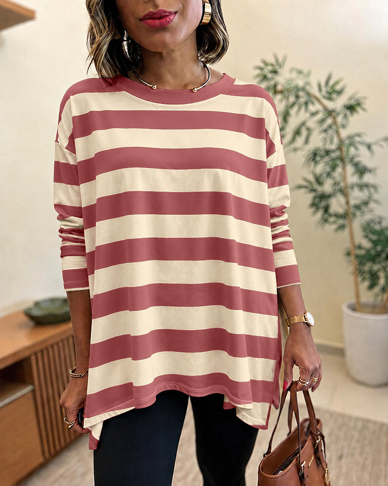 Women's Striped T Shirt Long Sleeve Drop Shoulder Crewneck Tee Side Slit Casual Loose Fit Top