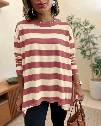 Women's Striped T Shirt Long Sleeve Drop Shoulder Crewneck Tee Side Slit Casual Loose Fit Top