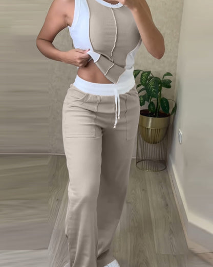 2 Pieces Outfit O-neck Slim Fit Tank Top and Drawstring Elastic Waist Straight Leg Pants Set Casual Colorblock Ribbed Set