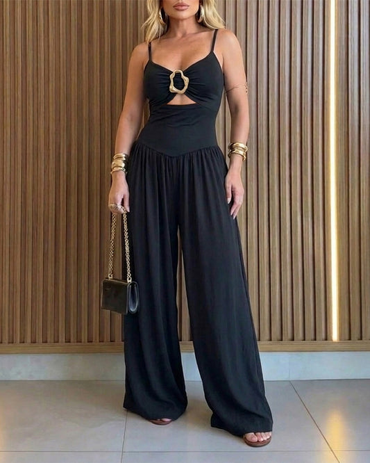 Women's Gold Ring Hollow Out Wide Leg Jumpsuit Backless Adjustable Strap Romper Elegant Party Jumpsuit