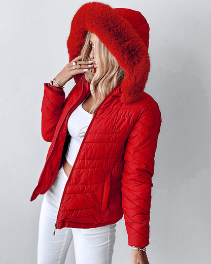 Zipper Pocket Design Shirred Fuzzy Trim Fleece Lined Hooded Puffer Jacket