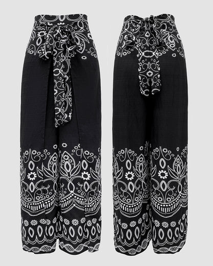 2 Pieces Outfits Tribal Print Keyhole Neck Sleeveless Top and Wide Leg Tied Detail Slit Pants Sets