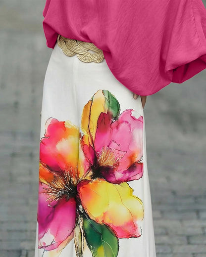 2 Pieces Outfit Skew Neck Batwing Sleeve Stretchy Hem Top and Watercolor Floral Print Zipper Fly Elastic Back Waist Wide Leg Pants Set Casual Loose Fit Set