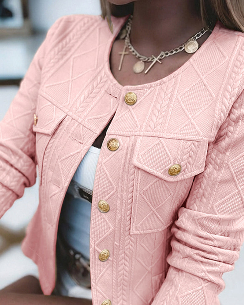 Women's French Style Cropped Jacket Round Neck Gold Button Coat Argyle Cable Jacquard Knit Outerwear
