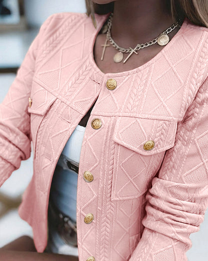 Women's French Style Cropped Jacket Round Neck Gold Button Coat Argyle Cable Jacquard Knit Outerwear