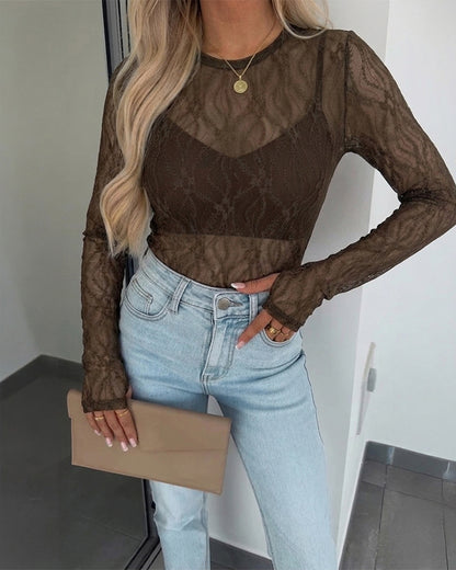 Women's Jacquard Textured Sheer Lace Long Sleeve Top Crewneck Slim Fit Tee with Thumb Holes