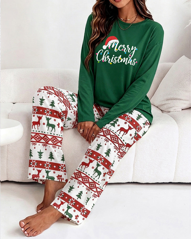 Ensemble pyjama deux pièces pour femmes, haut imprimé avec slogan et pantalon imprimé de noël, ensemble de salon décontracté