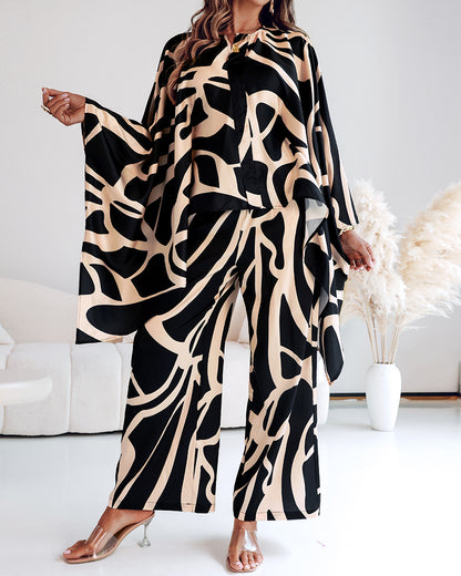 2 Pieces Outfit Abstract Print Batwing Sleeve Asymmetrical Top and Casual Wide Leg Pants Set