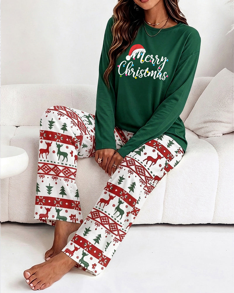 Women's Two Piece Pajamas Set Slogan Print Top and Christmas Print Pants Casual Lounge Set