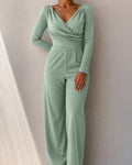Women's Wrap Deep V Neck Long Sleeve High Waisted Wide Leg Jumpsuit Casual Ruched Overalls