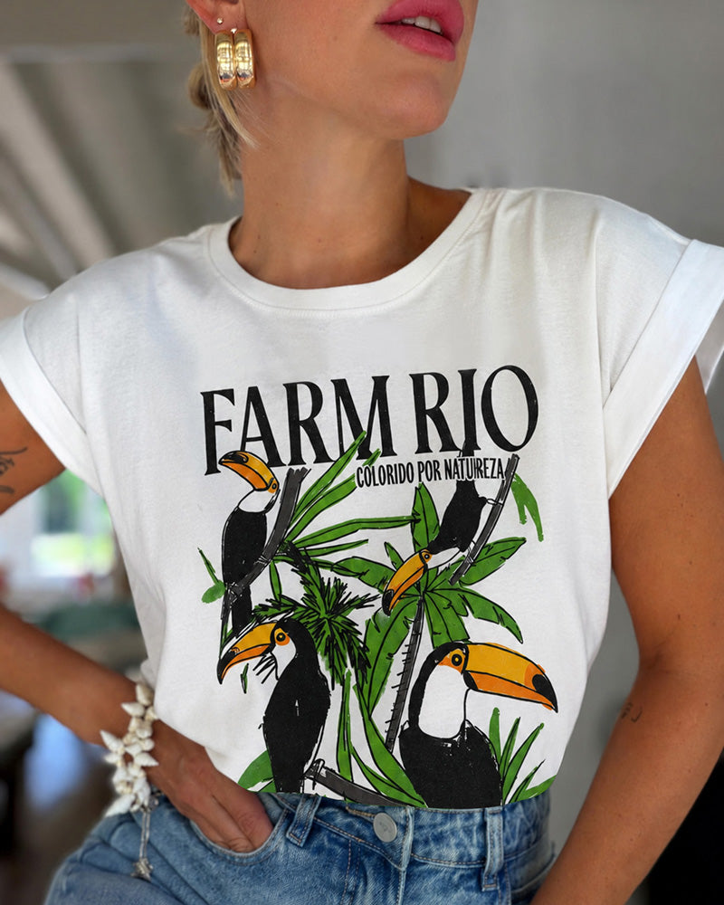 Women's Tropical Toucan Graphic Tee Cuffed Cap Sleeve Loose Crewneck T-Shirt Casual Top