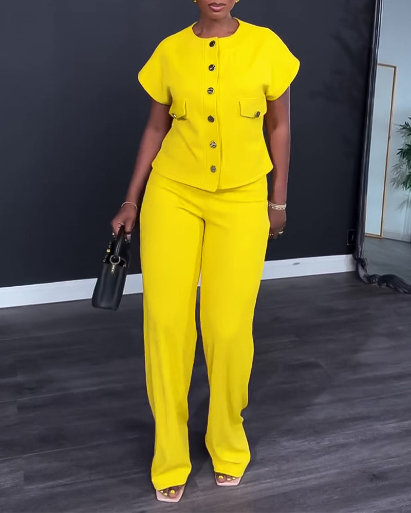 Women's 2 Piece Outfits Short Sleeve Button Down Top and Straight Leg Pants Set Casual Commuter Suits