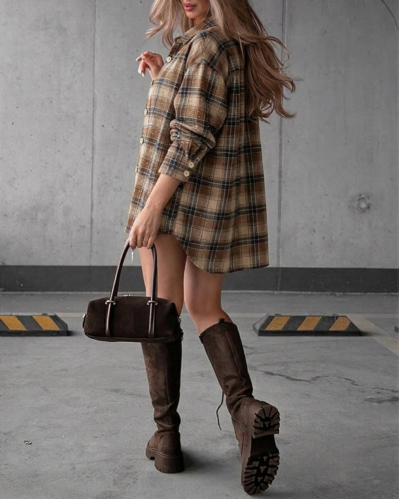 Women's Rhinestone Plaid Oversized Drop Shoulder Button Down Blouse Casual Coat