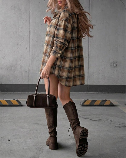 Women's Rhinestone Plaid Oversized Drop Shoulder Button Down Blouse Casual Coat