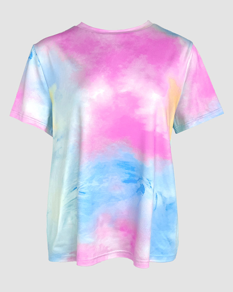 2 Pieces Outfit Tie Dye Print Short Sleeve Top and Elastic Waist Loose Fit Pants Set Casual Pajamas Set