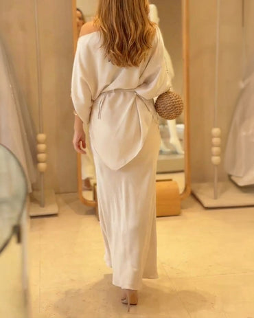 2 Pieces Outfit Skew Neck Batwing Sleeve Asymmetrical Hem Top and High Waist Zipper Side Mermaid Hem Maxi Skirt Set Elegant Satin Evening Set with 3D Flower Decor Belt