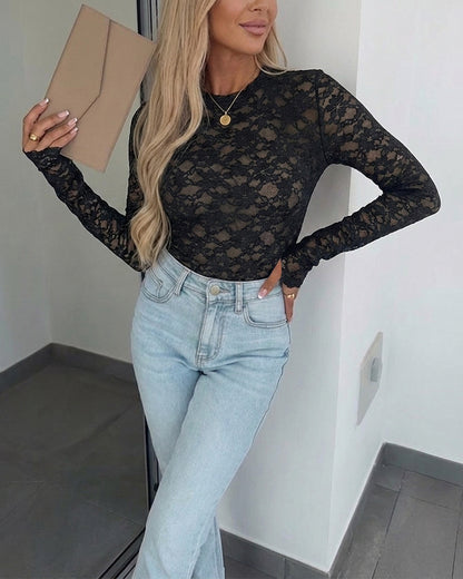 Women's Floral Sheer Lace Top Long Sleeve Crewneck Fitted Mesh Tee with Thumb Holes