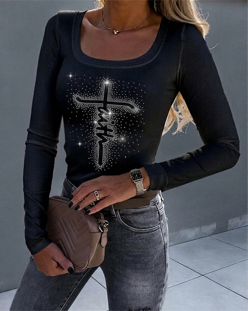 Women's Square Neck Long Sleeve Top Rhinestone Faith Letter Graphic Ribbed Knit Shirt Slim Fit Casual Sparkly Tee
