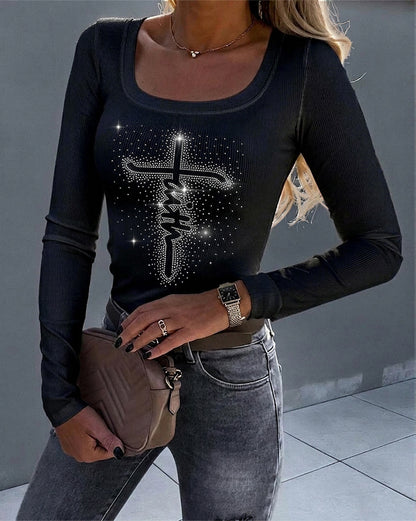 Women's Square Neck Long Sleeve Top Rhinestone Faith Letter Graphic Ribbed Knit Shirt Slim Fit Casual Sparkly Tee
