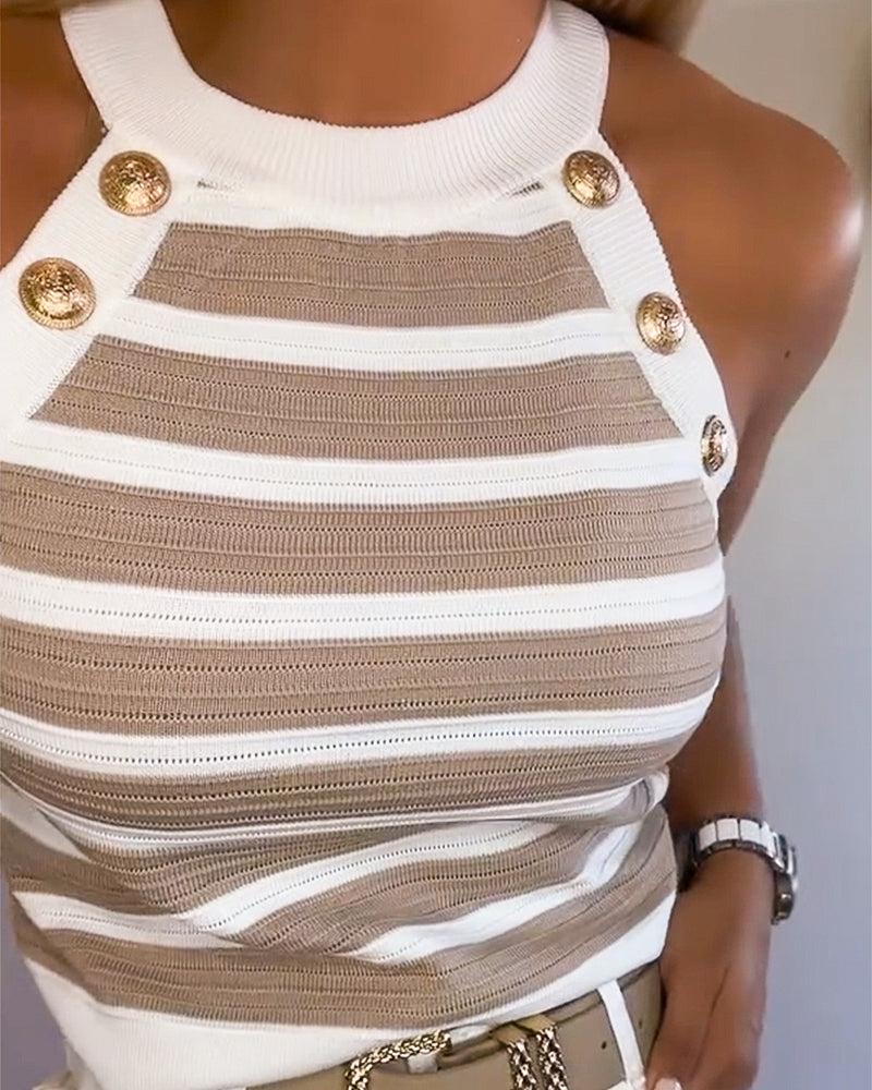 Striped Halter Sleeveless Tank Causal Golden Button Decor Breathable Knit Top