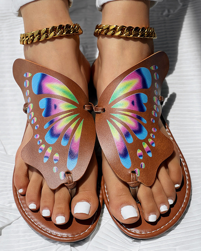 Colorblock Butterfly Print Toe Post Slippers