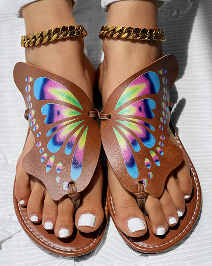 Colorblock Butterfly Print Toe Post Slippers