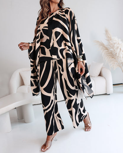 2 Pieces Outfit Abstract Print Batwing Sleeve Asymmetrical Top and Casual Wide Leg Pants Set