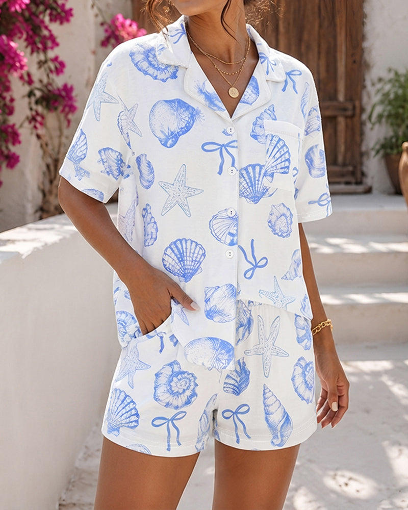 Women's Button Down Pajama Set Seashell Starfish Bowknot Print Short Sleeve Top and Shorts Casual Loungewear