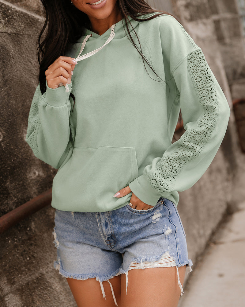 Women's Lace Splice Hoodie Drawstring Pullover Sweatshirt with Kangaroo Pocket