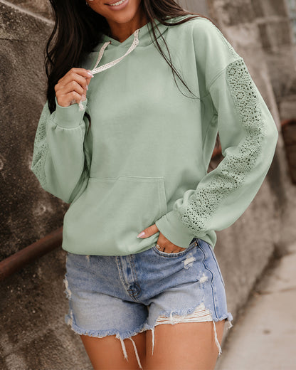 Women's Lace Splice Hoodie Drawstring Pullover Sweatshirt with Kangaroo Pocket