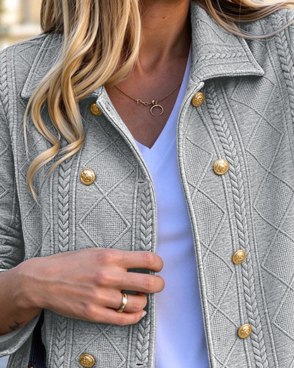 Women's Vintage Textured Argyle Lapel Double-Breasted Crop Jacket