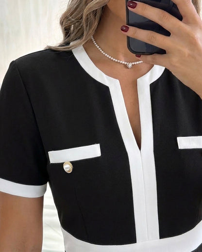 Women's Contrast Binding Notch Neck Pearl Detail Short Sleeve A-Line Mini Dress