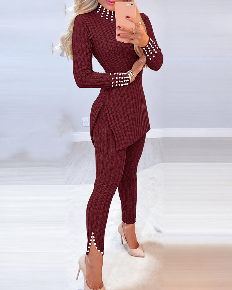 2 Pieces Outfit Mock Neck Long Sleeve Hollow-out Back Side Slit Longline Top and High Waist Slit Hem Pants Set Casual Pearls Decor Slim Fit Knit Lounge Set