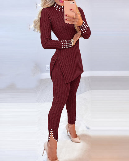 2 Pieces Outfit Mock Neck Long Sleeve Hollow-out Back Side Slit Longline Top and High Waist Slit Hem Pants Set Casual Pearls Decor Slim Fit Knit Lounge Set