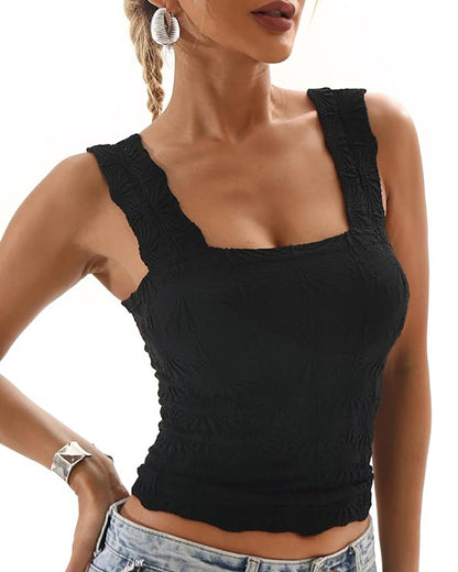 Floral Jacquard Square Neck Thick Strap Crop Tank Casual Sleeveless Top