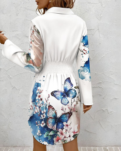 Butterfly Print Turn-down Collar Long Sleeve Casual Shirred Shirt Dress