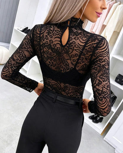 Women's Mock Neck Sheer Lace Top Long Sleeve See Through Layering Shirt
