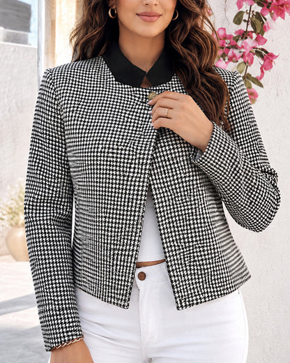 Women's Vintage Houndstooth Contrast Collar Cropped Jacket